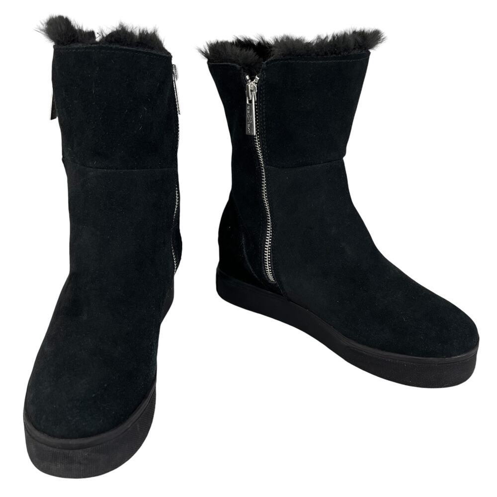 J/Slides Winnie Boots Double Zipper Faux Fur Lined Nubuck Black 8M